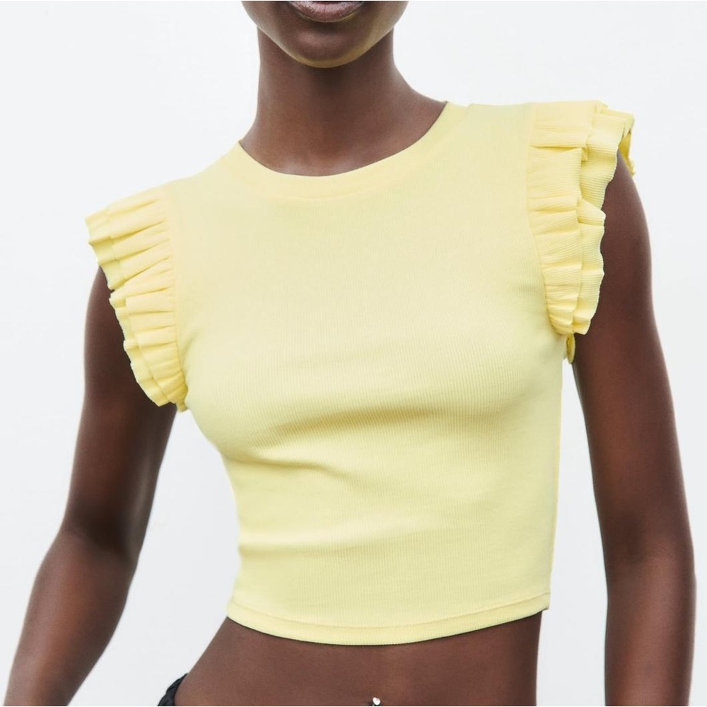 Zara Light Yellow Ruffle Sleeve Tank Top Crop Top Ribbed Knit Shirt Size M